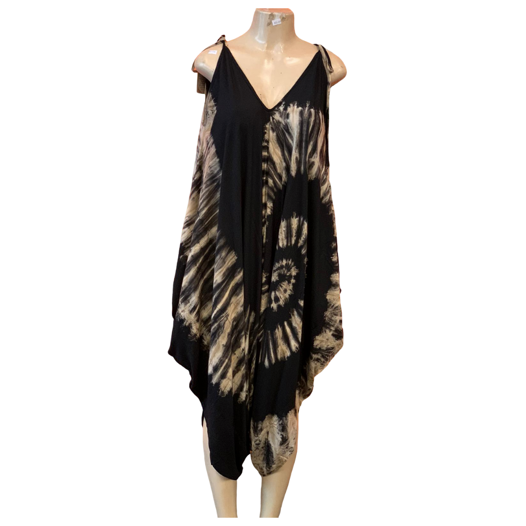 black and white tie dye dress Black Shibori Tie-Dye Cotton Gathered Maxi Dress 58" / Regular (5'2"